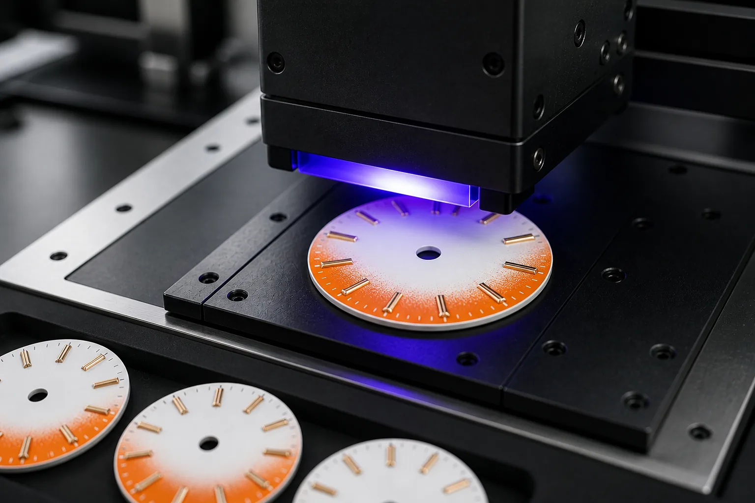 Finished dial components arranged during the custom build process