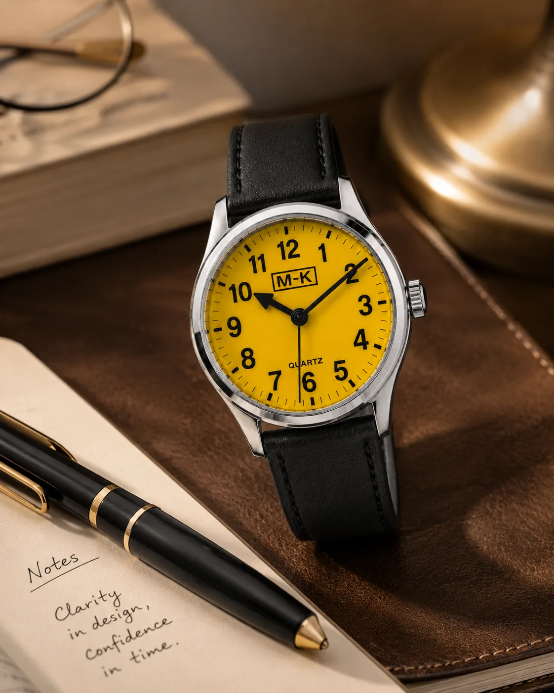 M-K yellow dial watch beside handwritten notes and a black pen